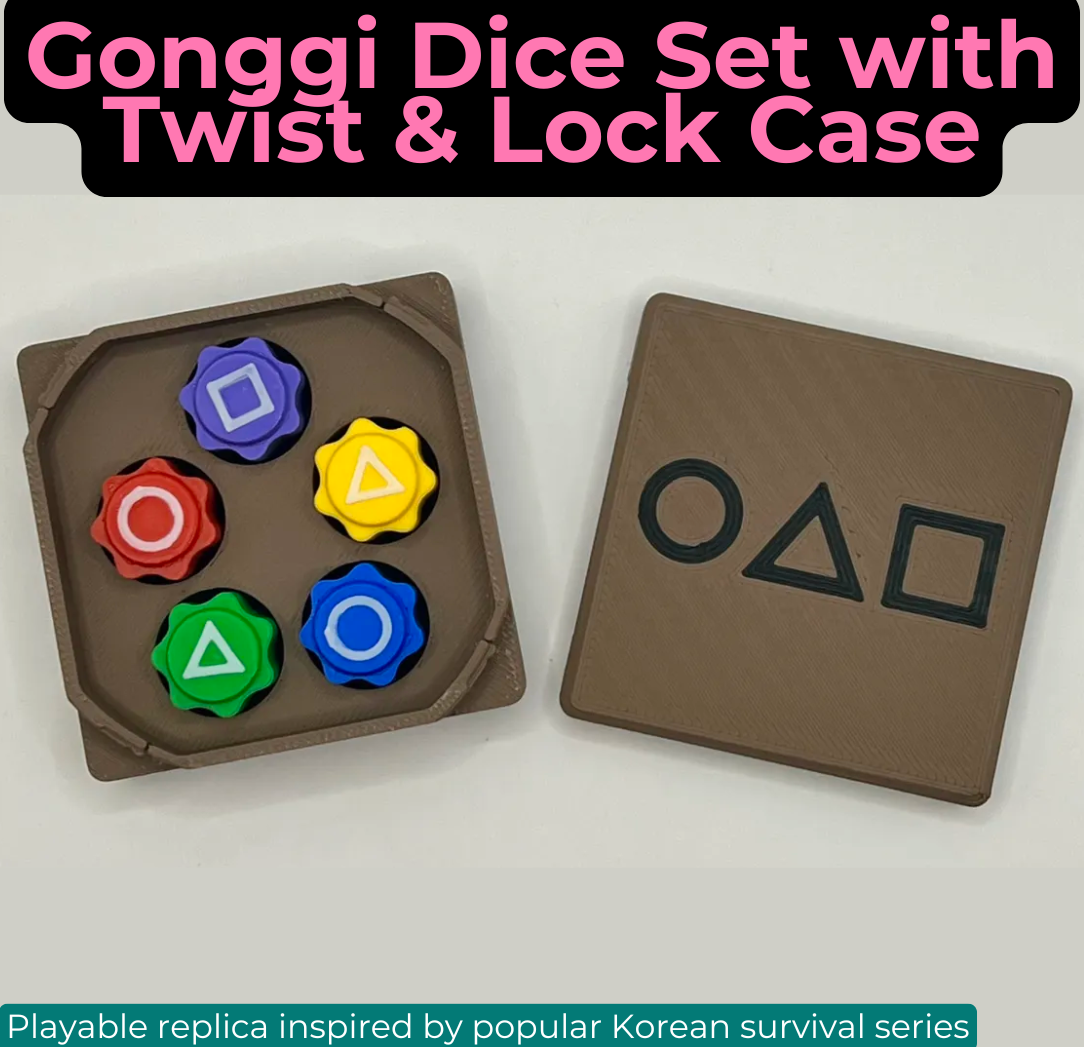 Weighted Gonggi Games Dice Set with Twist & Lock Case โ TV Show Replica โ Triangle, Circle, Square Design