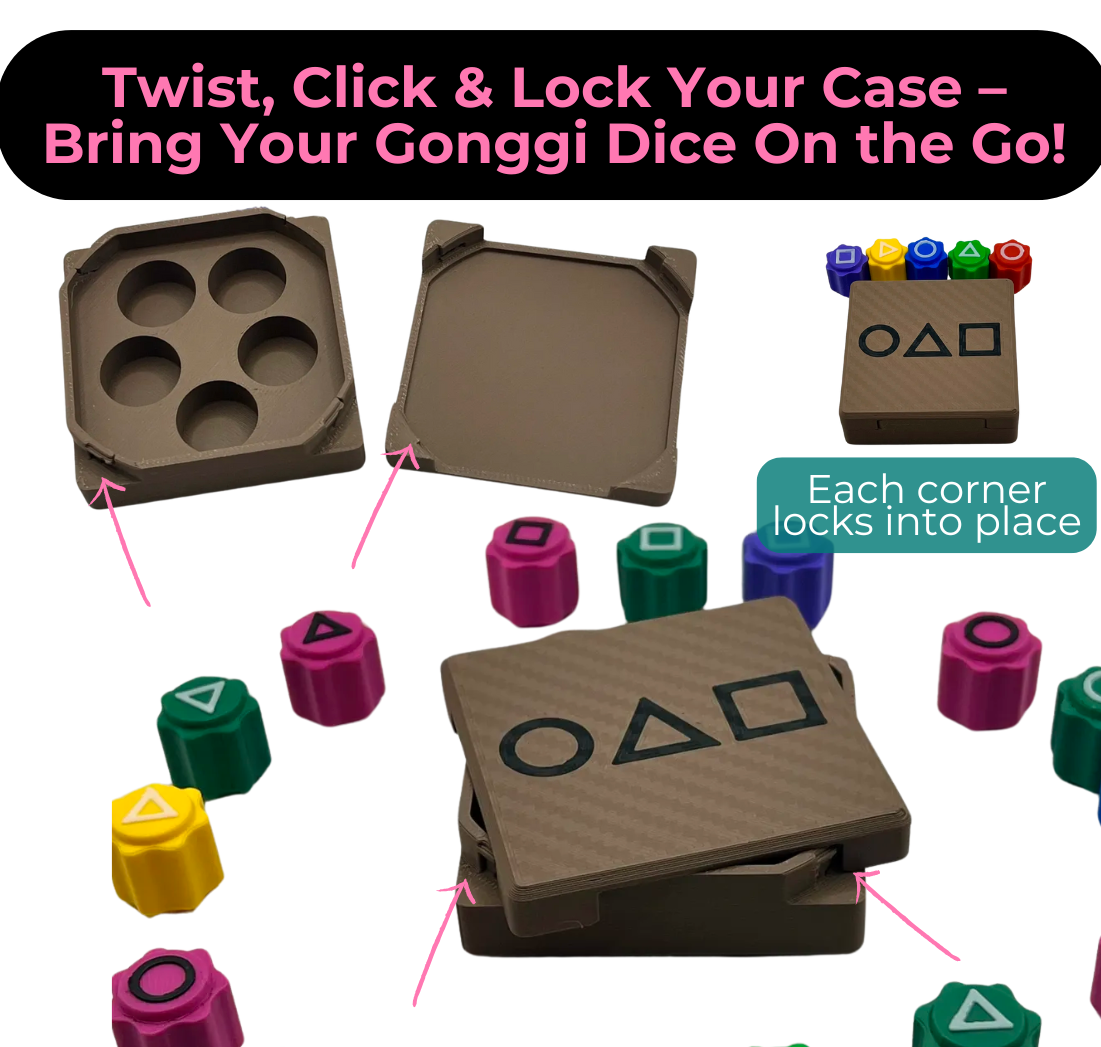 Weighted Gonggi Games Dice Set with Twist & Lock Case โ TV Show Replica โ Triangle, Circle, Square Design
