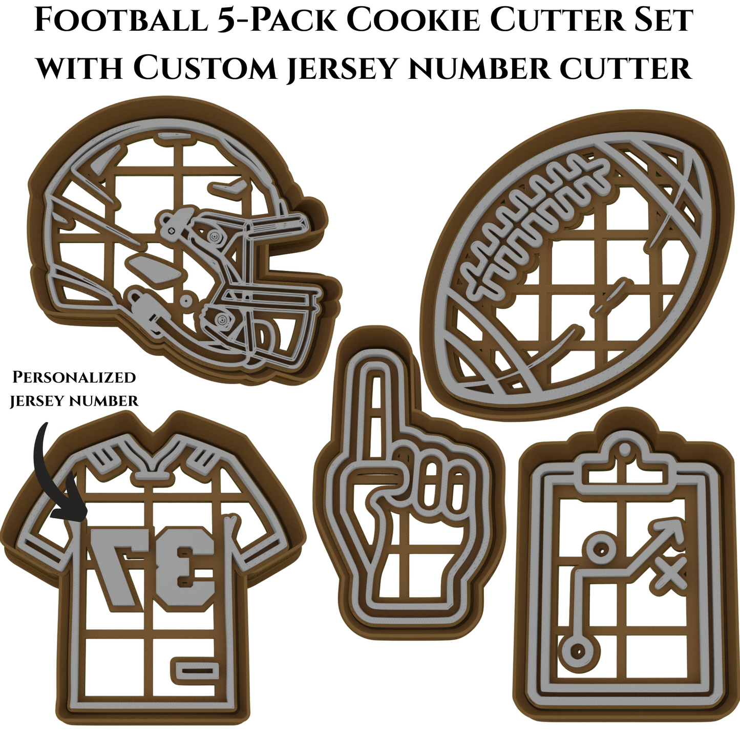 Football Cookie Cutter 5-Piece Set | Custom Jersey Number | 2-Piece Cutters