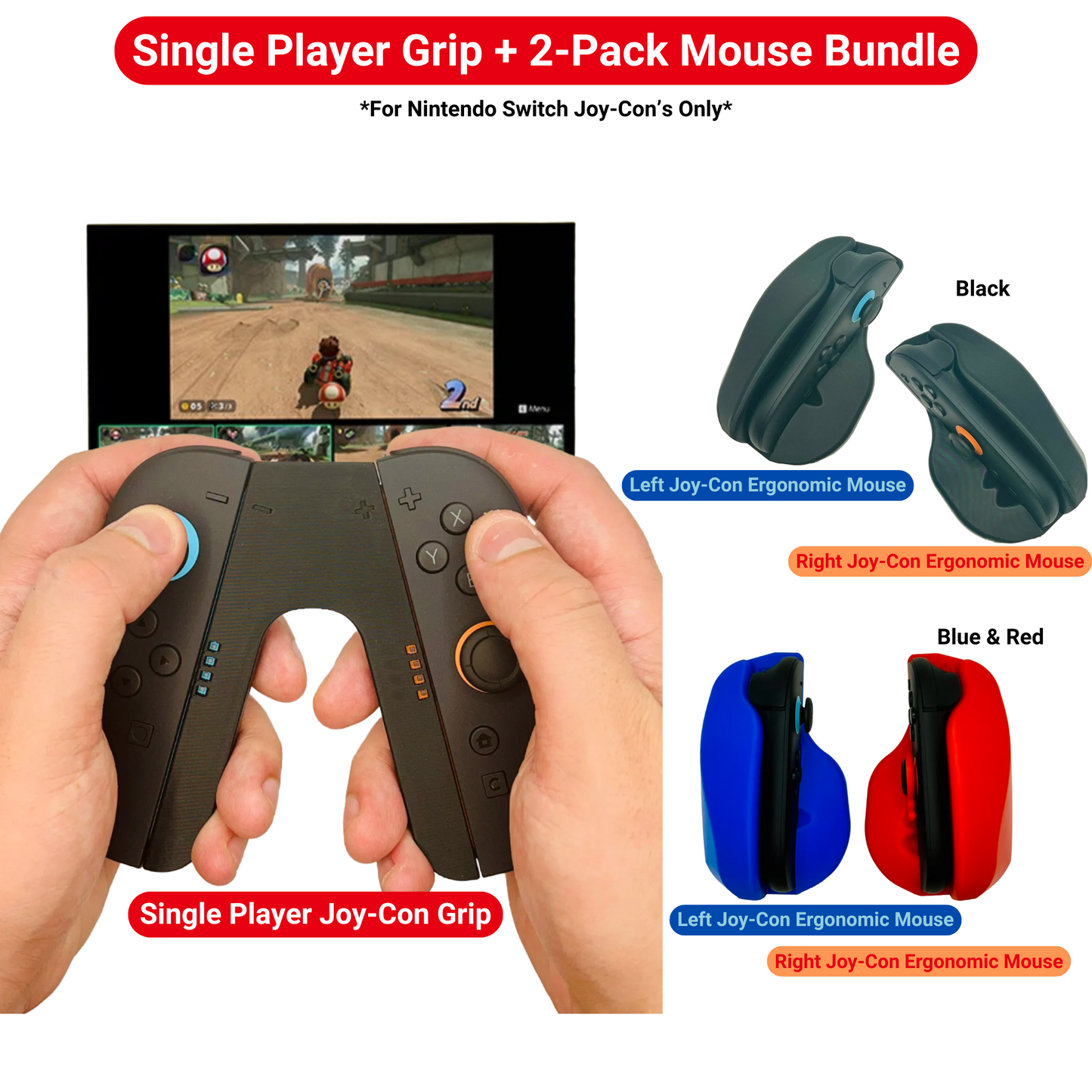 Single Player Joy-Con Controller with Dual FPS Mouse Adapters | Ergonomic V-Grip Controller & Mouse Adapter Set