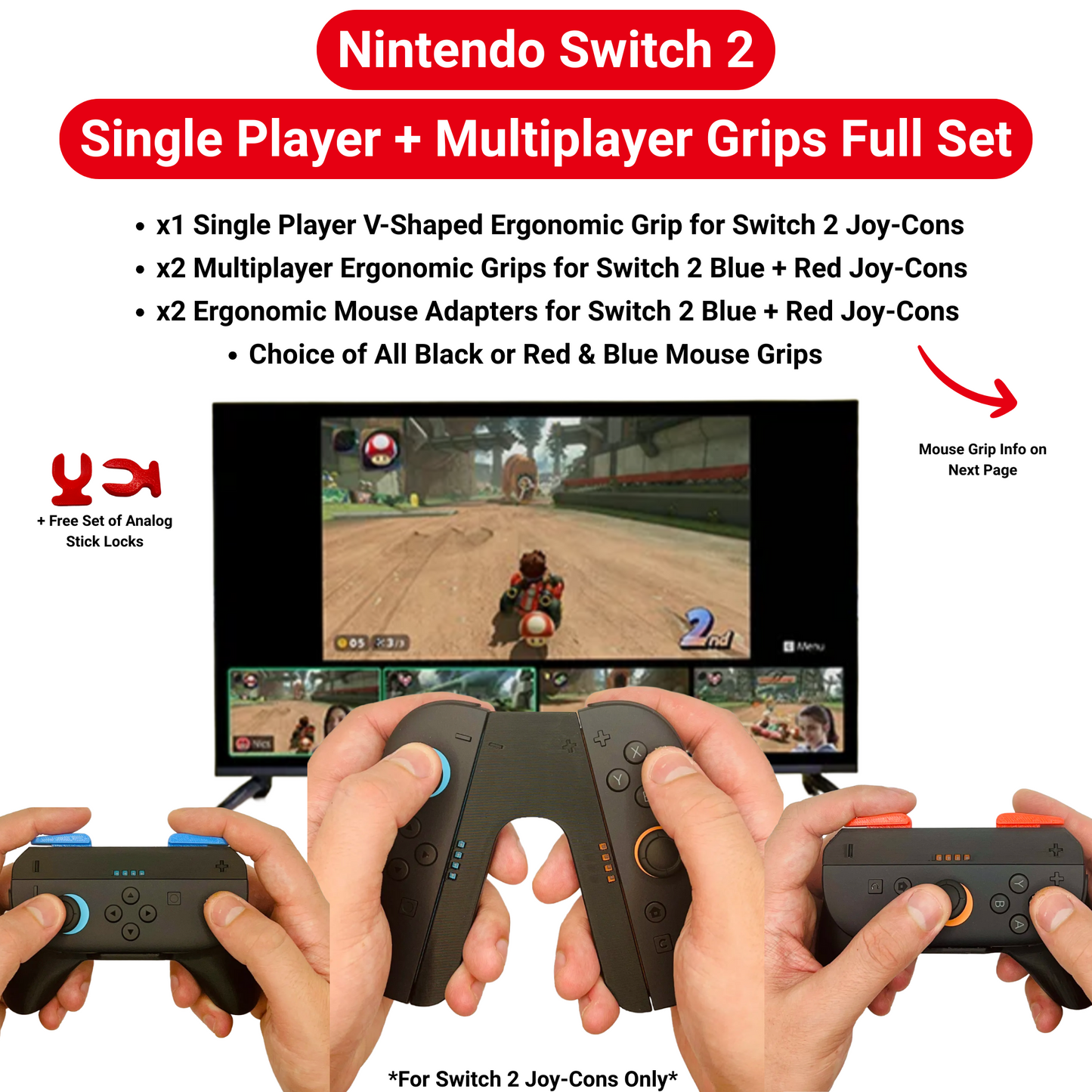 Complete Joy-Con Grip Set | 2 Mouse Adapters + V-Shape Single Player Grip + 2 Multiplayer Joy-Con Grips