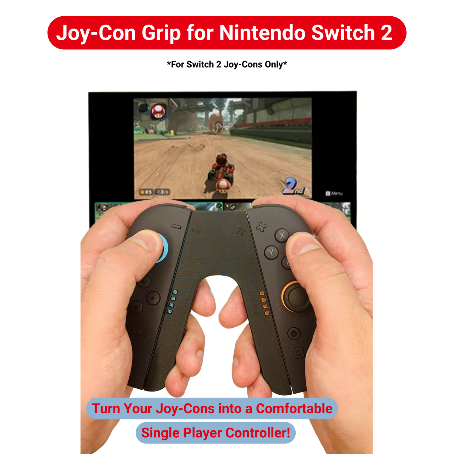 Single Player Controller for Joy-Cons – Ergonomic V-Shaped Adapter – All Black Controller Handle + Analog Stick Locks