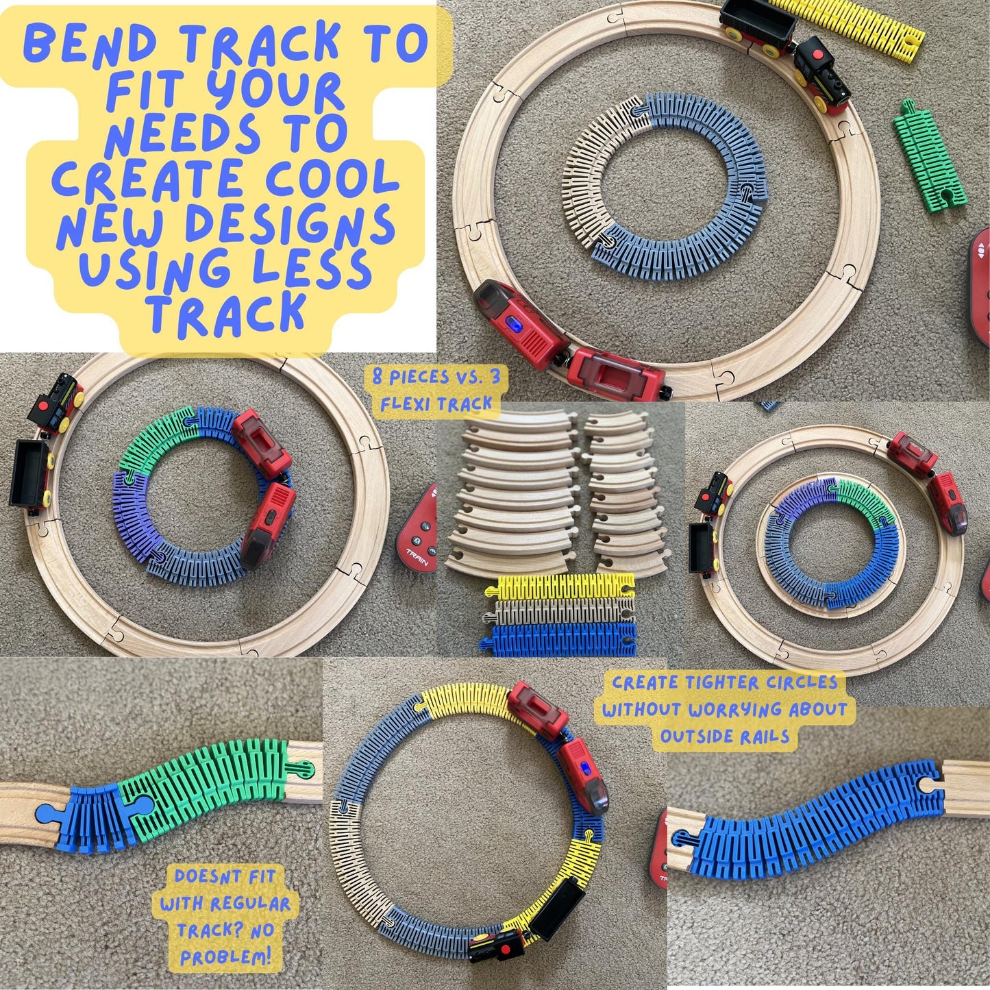 Wooden Train Flexi Tracks | Compatible with Brio, Thomas, Hape, IKEA, Melissa and Doug | Various Sizes & Sets
