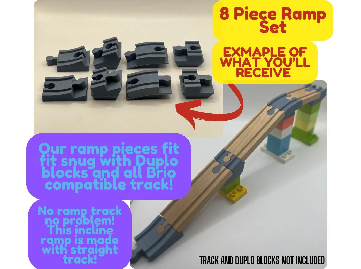 Brio Compatible Ramp Tracks | Duplo Brick Base Supports | Wooden Train Track Adapter for Duplo and Lego