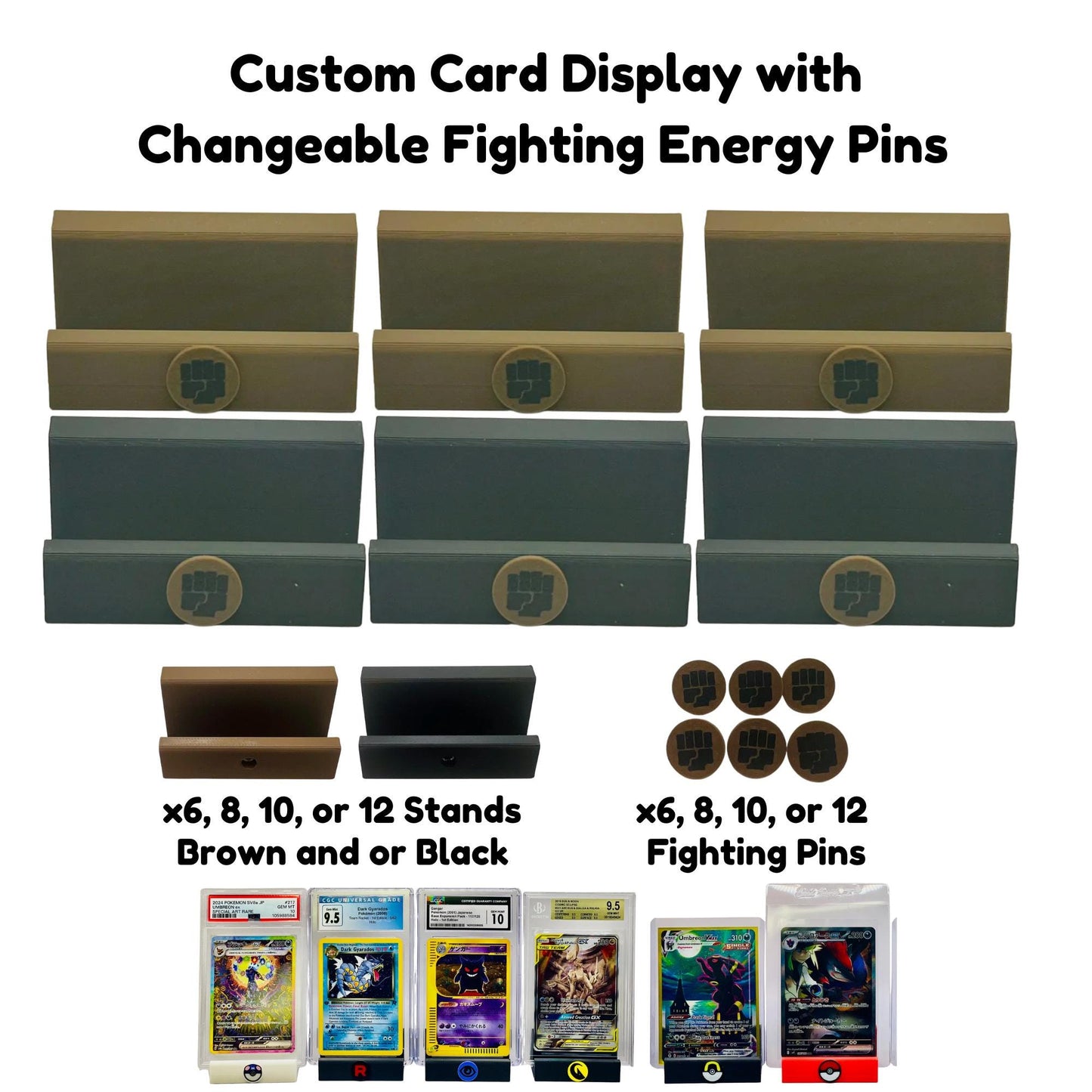 Custom Card Display Stand for PSA, BSS, CGC, Toploaders, Sleeves, Slabs, & More | Changeable Pins β Fighting Energy Themed