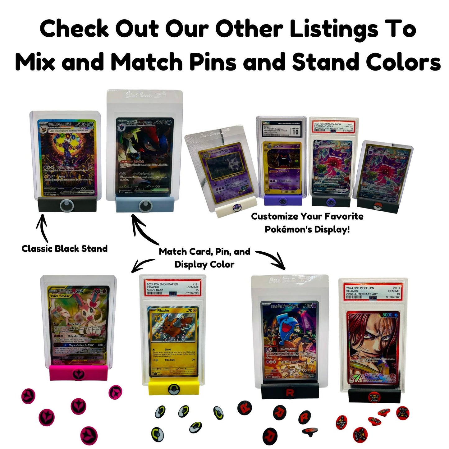 Custom Card Display Stand for PSA, BSS, CGC, Toploaders, Sleeves, Slabs, & More | Changeable Pins β Dark Energy Themed