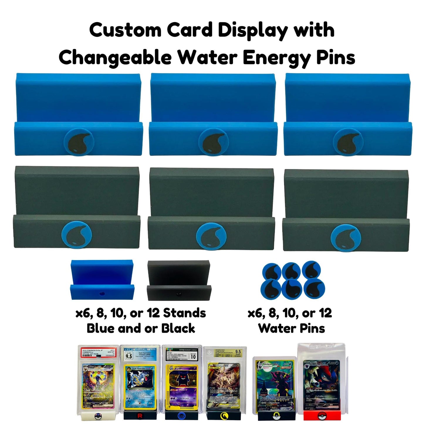 Custom Card Display Stand for PSA, BSS, CGC, Toploaders, Sleeves, Slabs, & More | Changeable Pins β Water Energy Themed