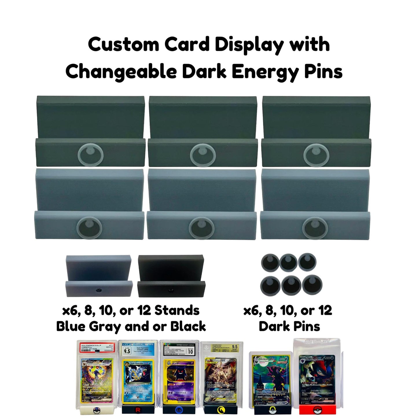 Custom Card Display Stand for PSA, BSS, CGC, Toploaders, Sleeves, Slabs, & More | Changeable Pins β Dark Energy Themed