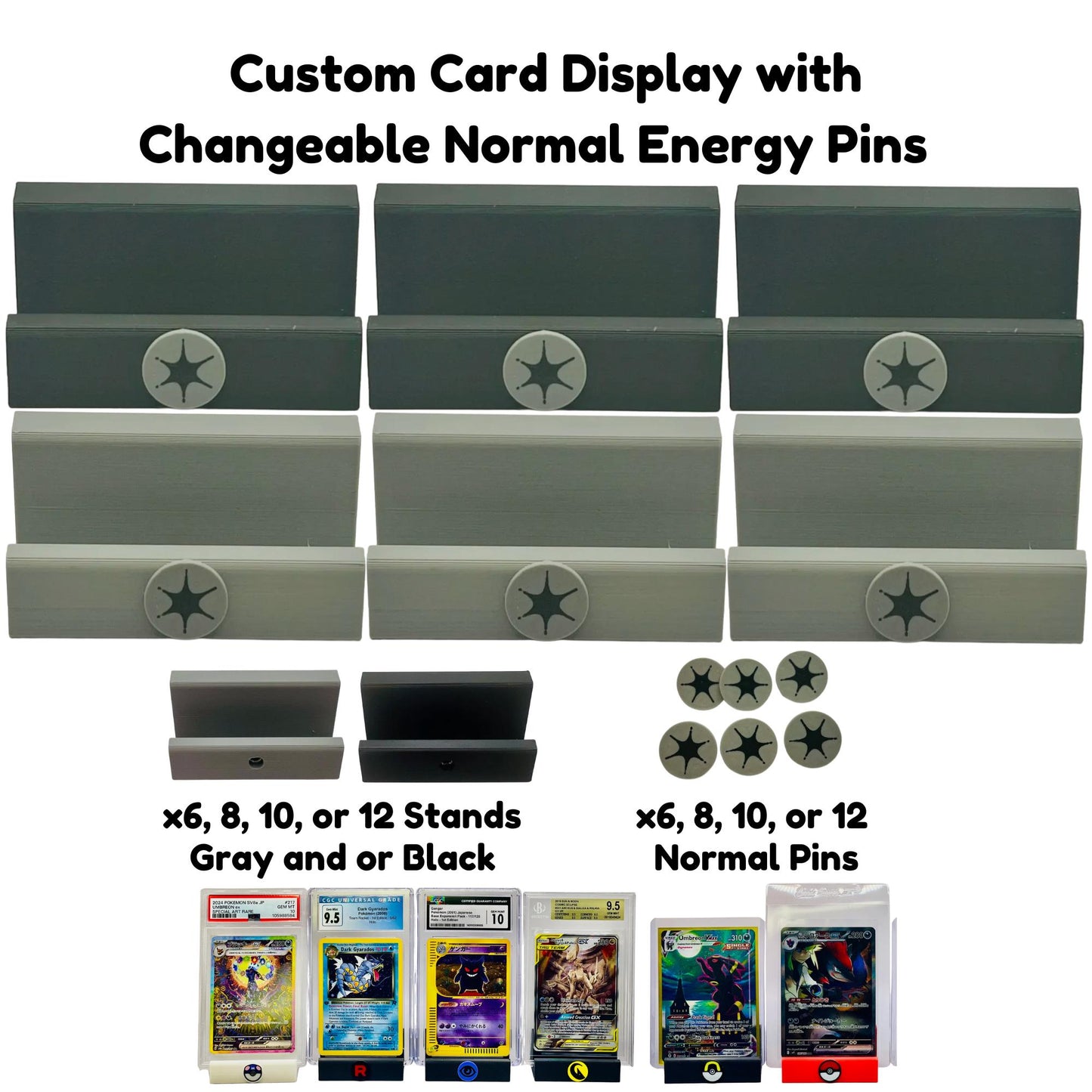 Custom Card Display Stand for PSA, BSS, CGC, Toploaders, Sleeves, Slabs, & More | Changeable Pins β Normal Energy Themed