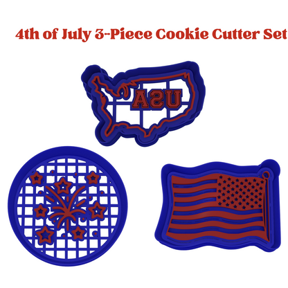 4th of July Cookie Cutter 3-Piece Set | 2-Piece Cutters | USA Outline, American Flag, and Fireworks