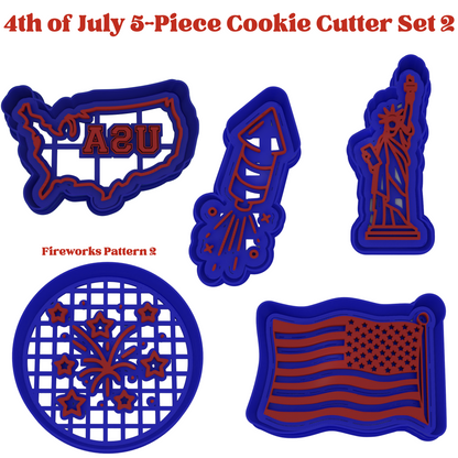 4th of July Cookie Cutter 5-Piece Set | 2-Piece Cutters | USA Outline, Statue of Liberty, American Flag, Fireworks, Bottle Rocket - Set 2