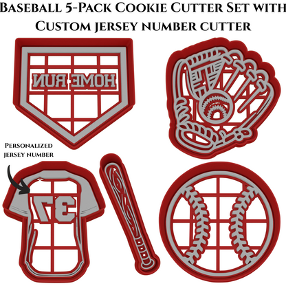Baseball Cookie Cutter 5-Piece Set | Custom Jersey Number | 2-Piece Cutters