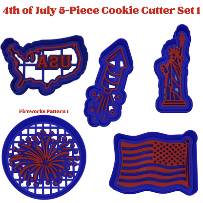 4th of July Cookie Cutter 5-Piece Set | 2-Piece Cutters | USA Outline, Statue of Liberty, American Flag, Fireworks, Bottle Rocket - Set 1