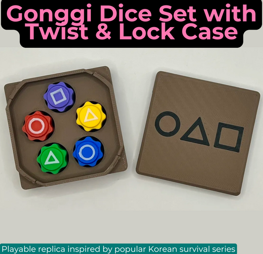Weighted Gonggi Games Dice Set with Twist & Lock Case – TV Show Replica – Triangle, Circle, Square Design