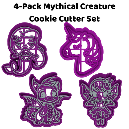 Mythical Creature Cookie Cutter 4-Piece Set | Dragon, Mermaid, Fairy & Unicorn | 2-Piece Cutters