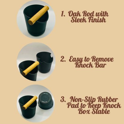 Espresso Knock Box with Oak Rod - Coffee Grounds Container with Non-Slip Base - Made in USA