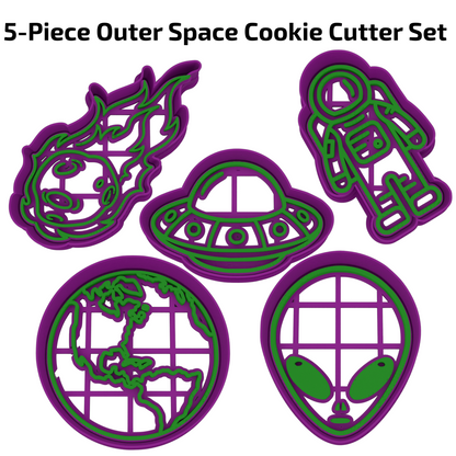 Outer Space 5-Piece Cookie Cutter Set | Astronaut, UFO, Alien, Earth & Meteor | 2-Piece Cutters