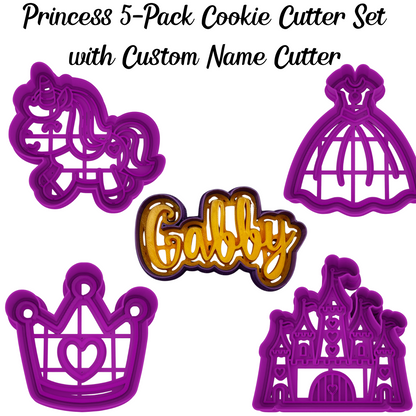 Princess Cookie Cutter 5-Piece Set | Custom Name Cutter + Unicorn, Princess Dress, Castle, & Crown | 2-Piece Cutters