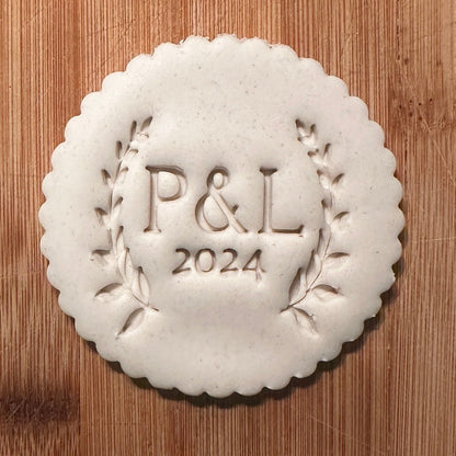 CUSTOM Initials and Year Wedding Cookie Cutter with Wreath || Personalized || Bridal