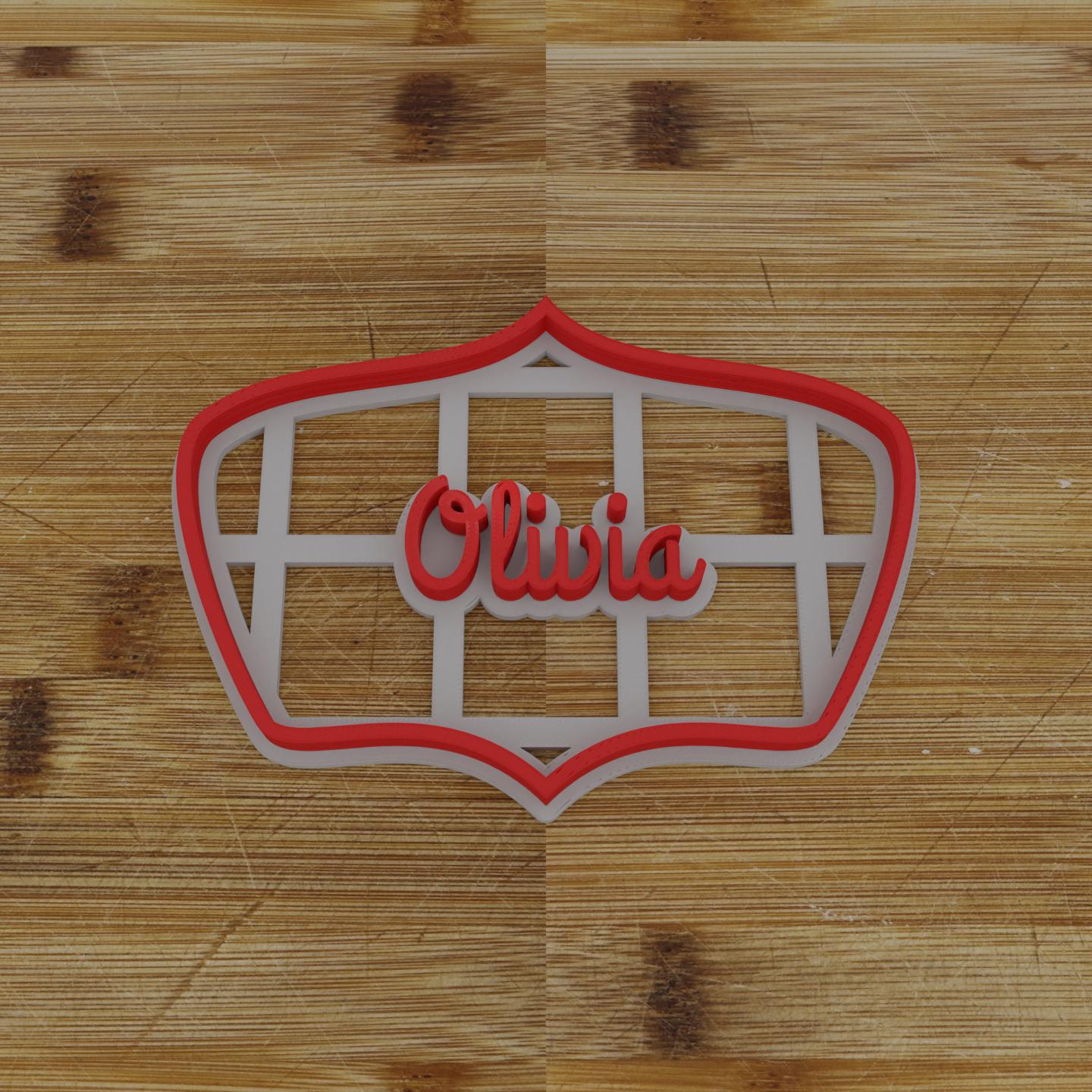 Ornate Shield Label Cookie Cutter | Personalization Available | Custom Embosser