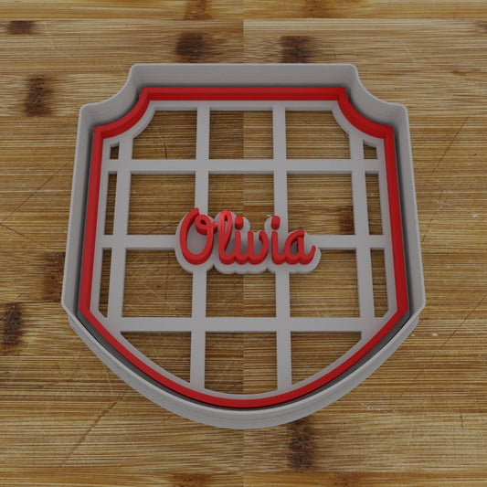 Ornate Shield Label Cookie Cutter | Personalization Available | Custom Embosser