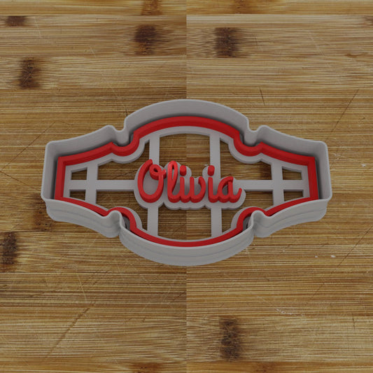 Ornate Shield Label Cookie Cutter | Personalization Available | Custom Embosser