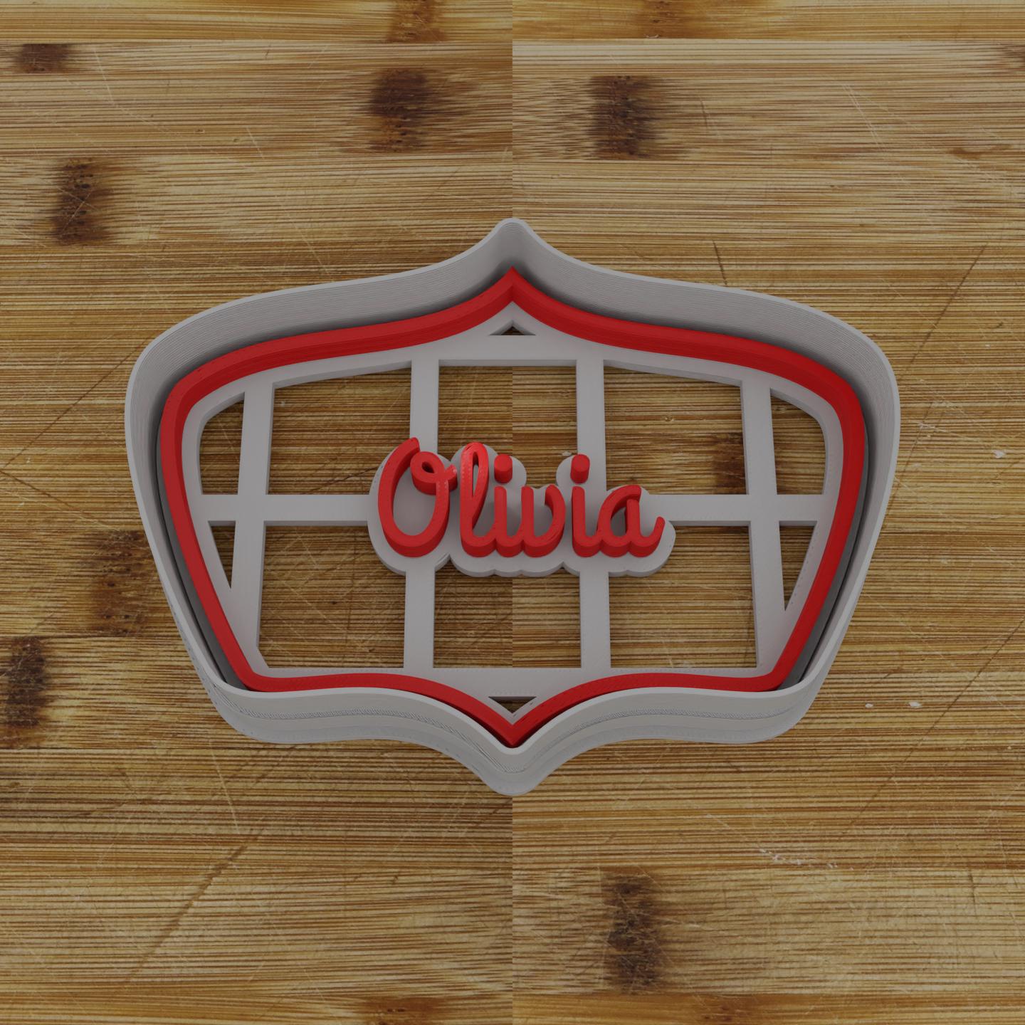 Ornate Shield Label Cookie Cutter | Personalization Available | Custom Embosser