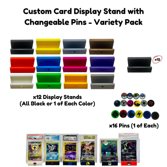 Custom Card Display Stand for PSA BGS CGC, Toploaders, Sleeves, Slabs, & More | Changeable Pins – Energy, PBall, Rocket Themes Variety Pack